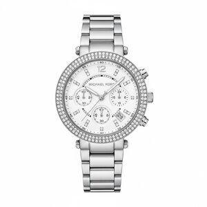Michael Kors Silver Chronograph Watch with Crystal Rhinestone Bezel Detail